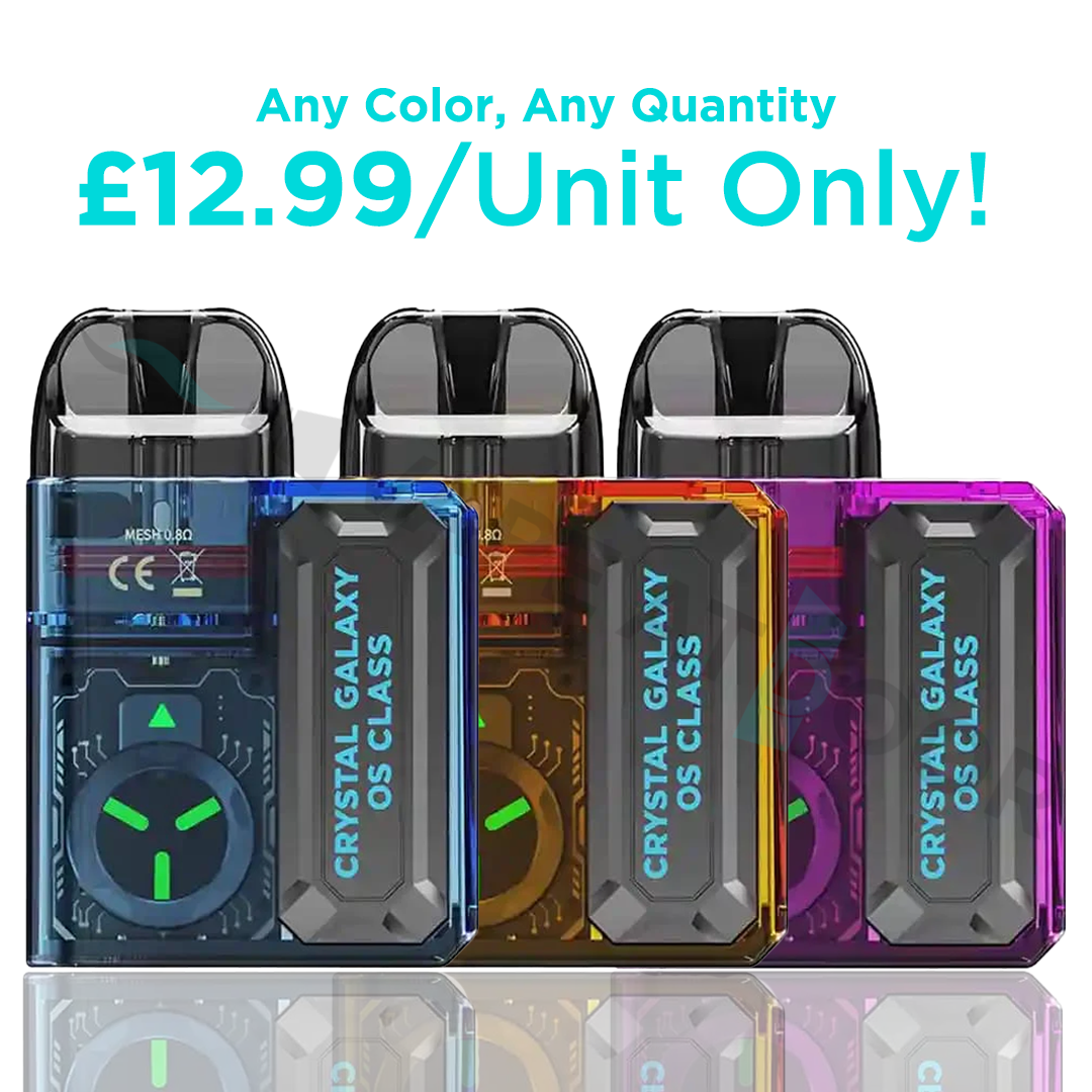 Three Crystal Galaxy Os Class Refillable Pod Devices with pricing detail on a white background.