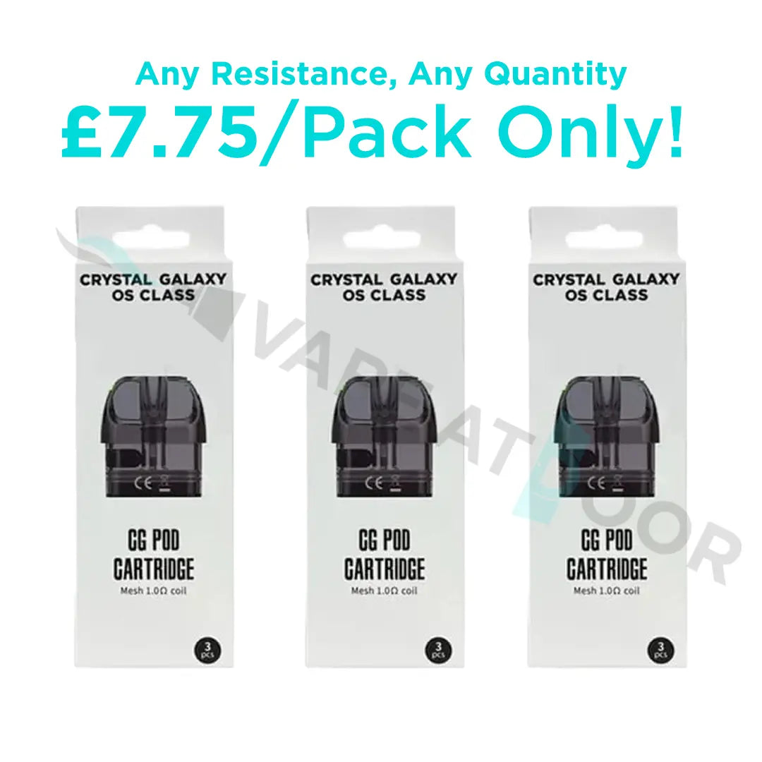 Three packages of Crystal Galaxy OS Class CG Pod Cartridge with promotional text on a white background.