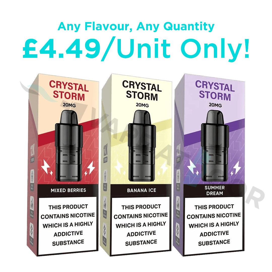 Three Crystal Storm bar replacement pods 20mg with promotional details on white background.