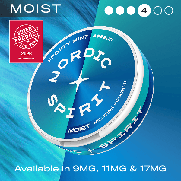 Nordic Spirit moist nicotine pouches with Frosty Mint flavor on a blue background, featuring the 'Product of the Year' award.