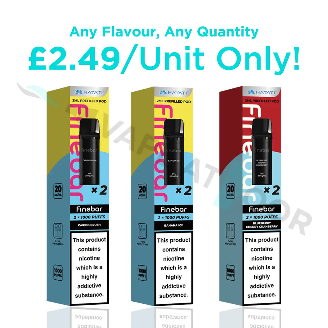Three Hayati Finebar Prefilled Pods with pricing on a white background.