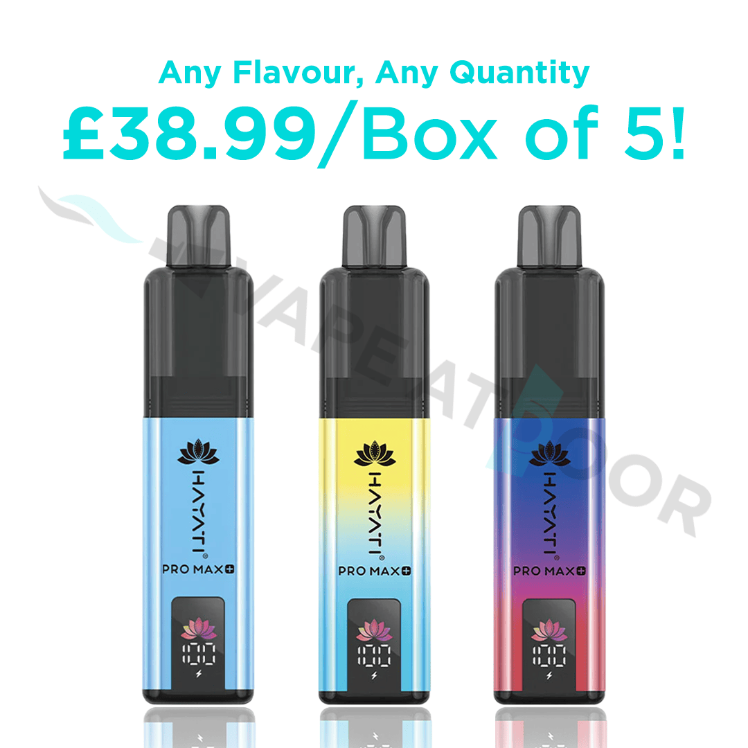 Three Hayati Pro Max Plus 6000 vape devices on a white background, promotional text for box of 5 price.