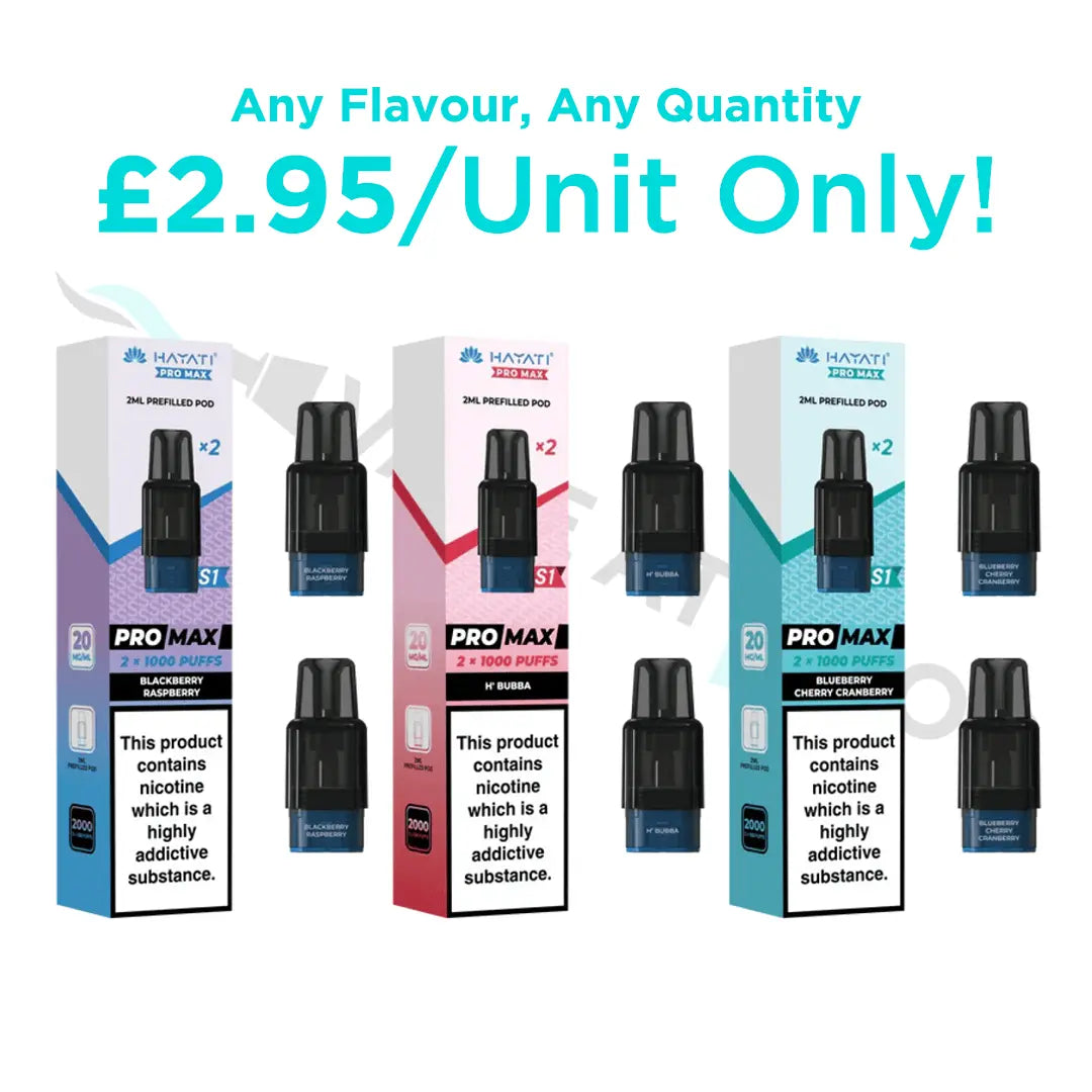 hayati pro max s1 prefilled pods with packaging on a white background.