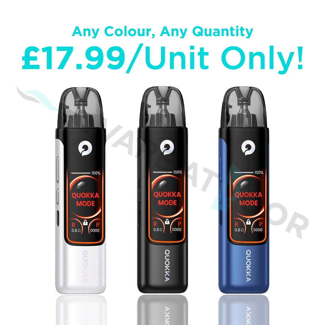 Three Quokka Pro vape devices on a white background with promotional text.