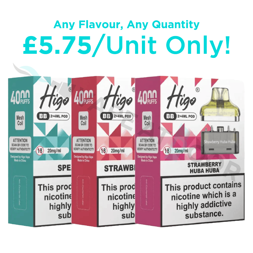 Three Crystal Higo BB 4000 Compatible Replacement pods with packaging and Pricing Details on a white background.