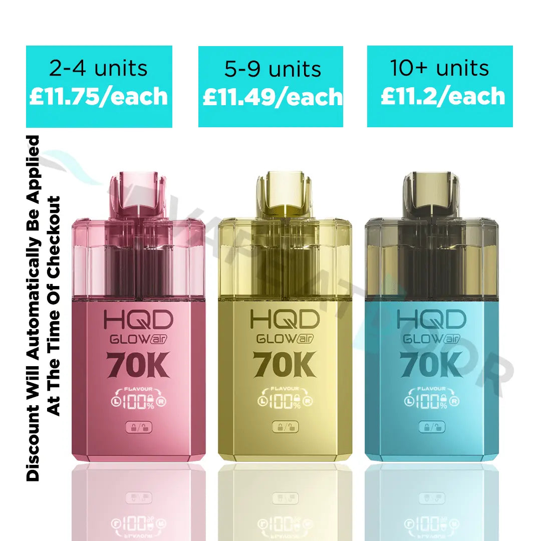 Three HQD Glow vape devices in pink, gold, and blue with pricing information on a white background.