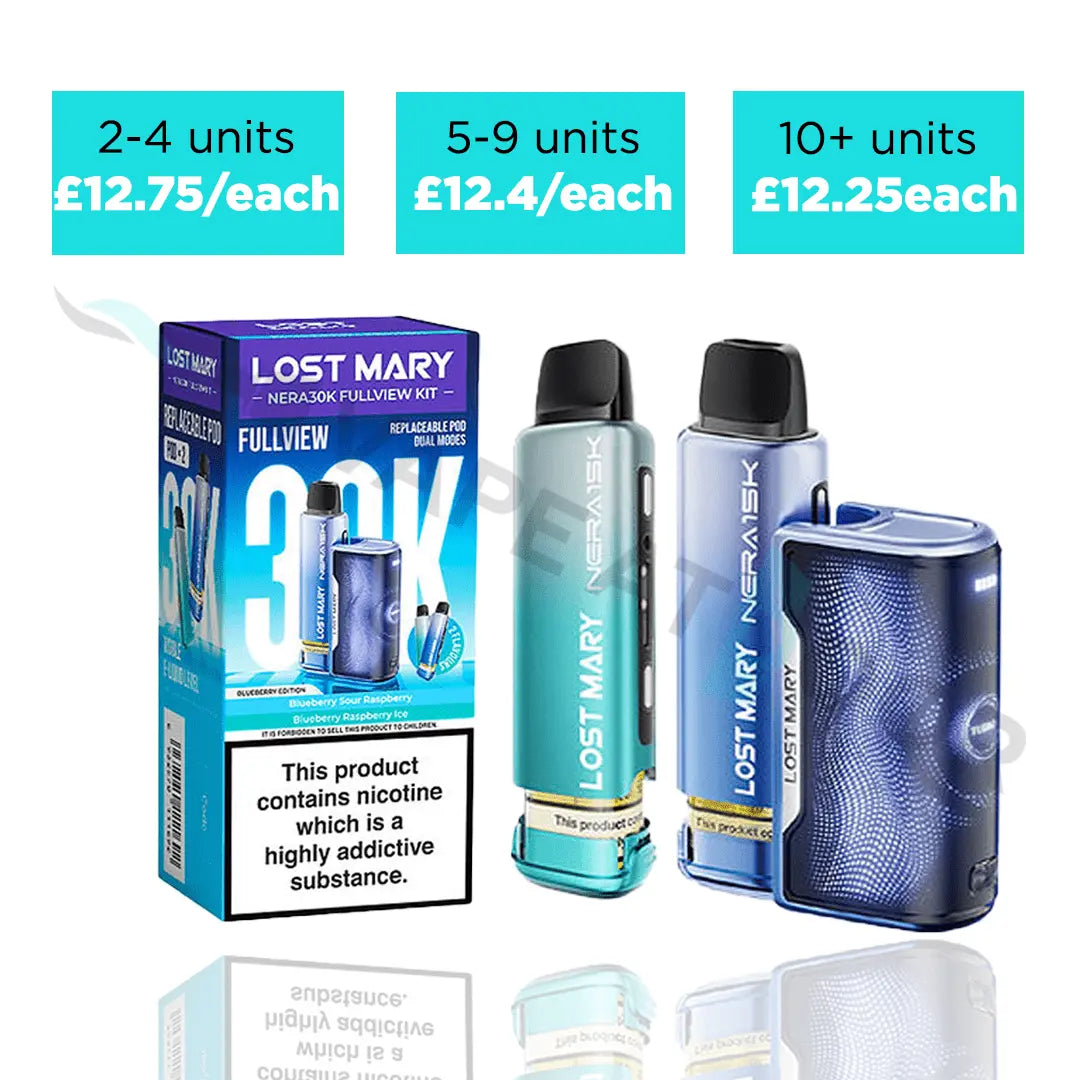 Lost Mary Nera 30k Fullview vape devices and packaging with pricing information on a white background