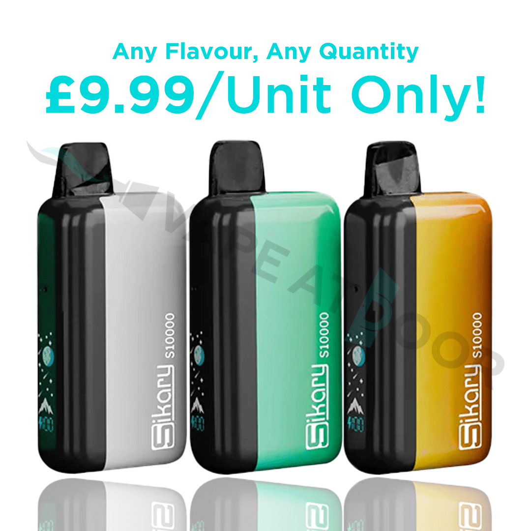 Three Slikary s10000 vape devices in different colors with promotional text on a white background.