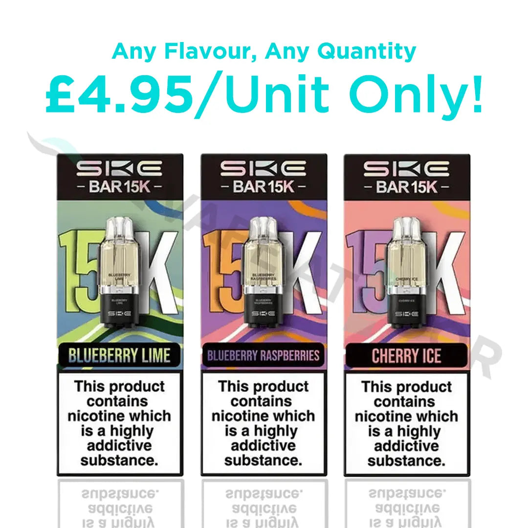 three Ske Bar 15k Puffs Prefilled Replacement Pods on a white background with Vape At Door watermark and pricing on top of it.