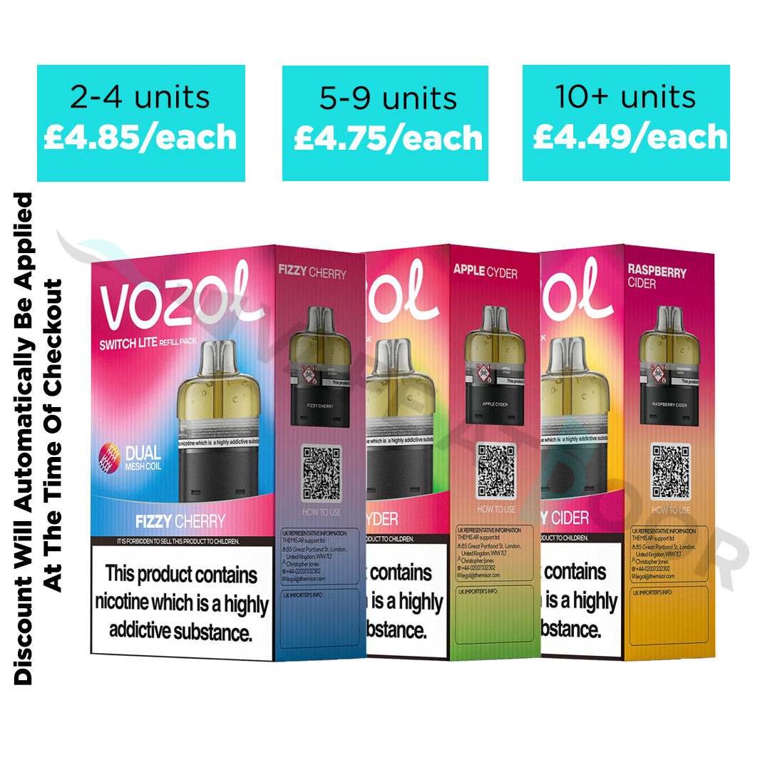Four Vozol switch lite pods boxes shown side by side in Cherry, Apple Cider, and Raspberry Cider flavors, with unit pricing callouts above each pack and a nicotine warning label on the front.