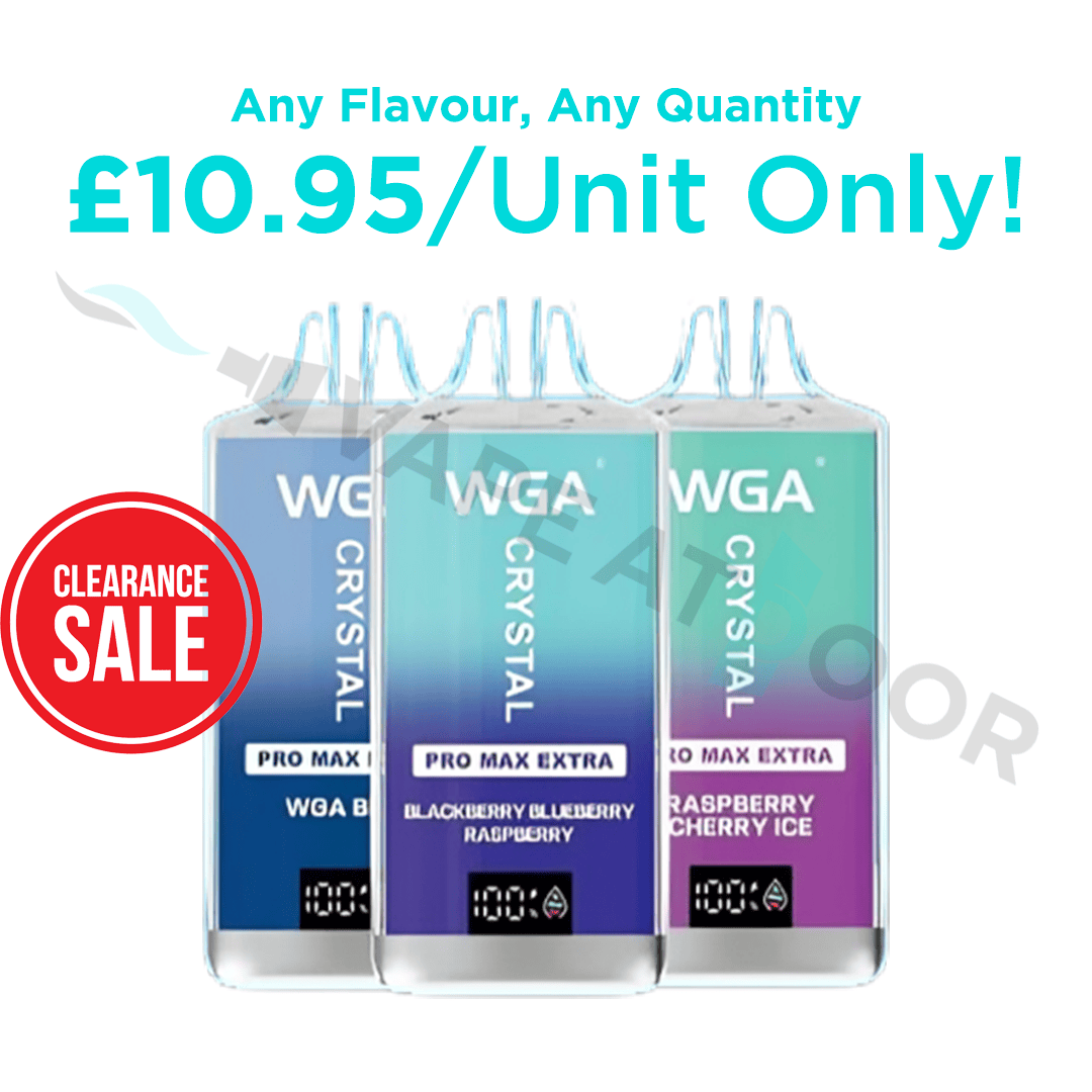 Three WGA Crystal vape devices with a clearance sale label on a white background