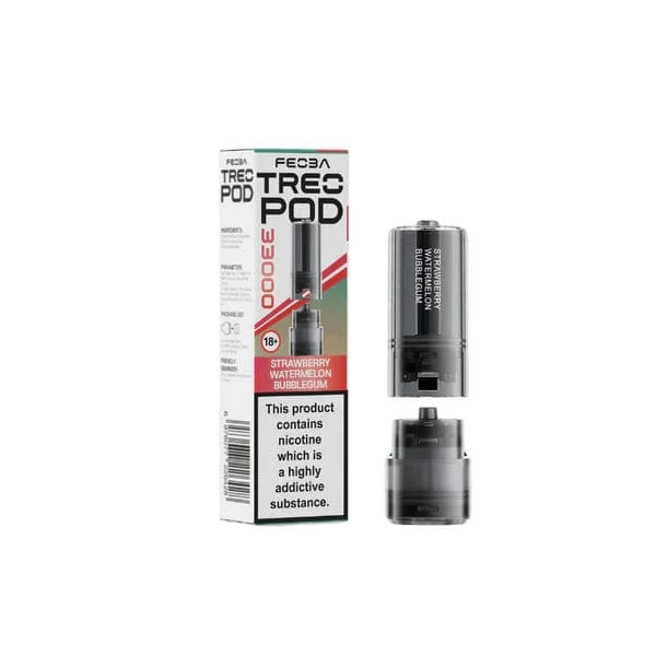 Three packages of TREQ POD with flavor options and pricing information on a white background.