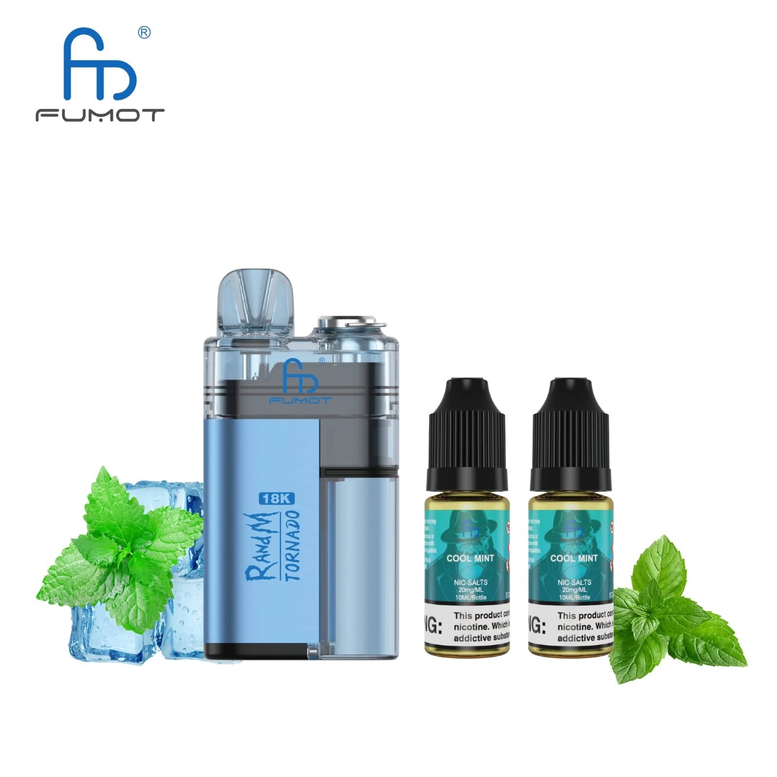 Fumot Tornado 18000 Vaping device and e-liquid bottles with promotional text on a white background with clearance sales tag