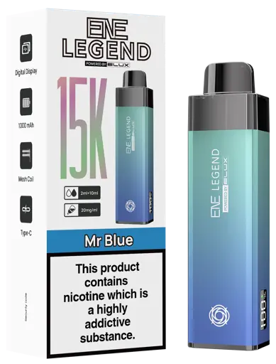 Three gradient-colored Elux Ene Legend 15k Prefilled Pod Kit  with promotional text on a white background