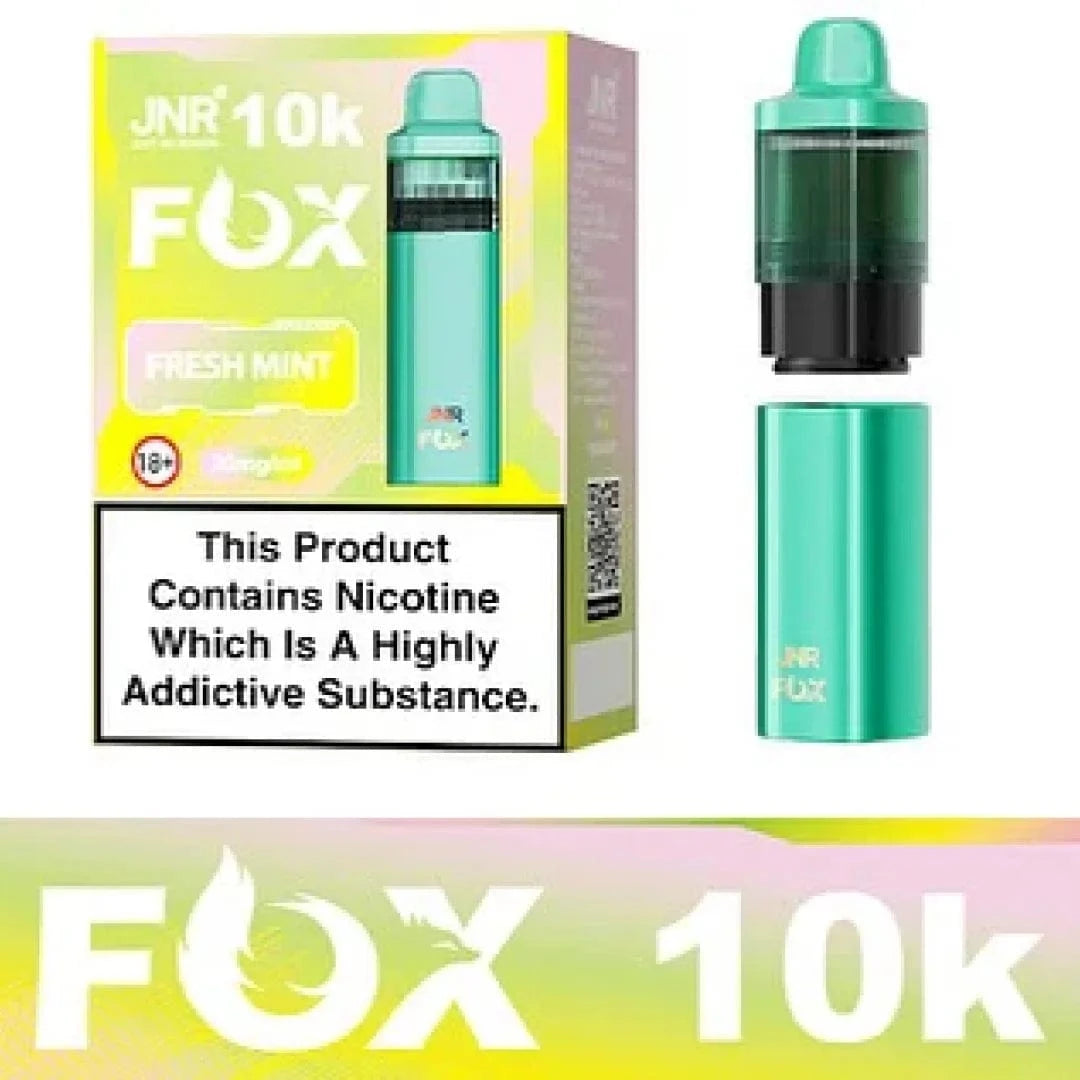 Three JNR Fox vape devices in blue, red, and black on a white background with promotional text.