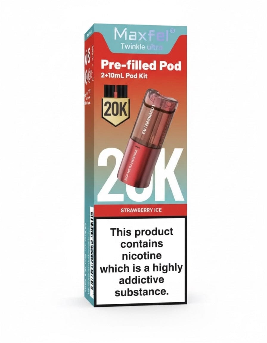 Three boxes of Maxfel Twinkle Ultra prefilled vape pods with promotional text on a white background.