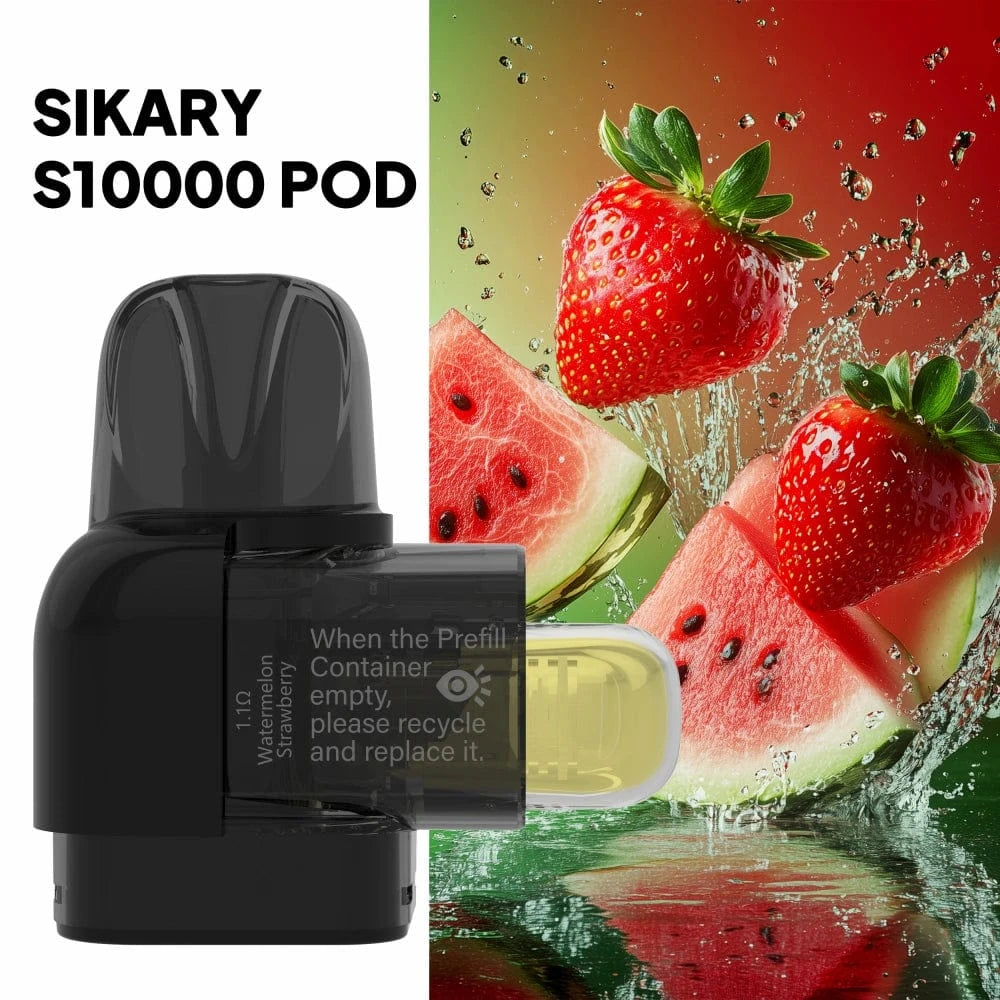 Three black Sikary S10000 replacement pods with a promotional text about price and quantity on a white background.