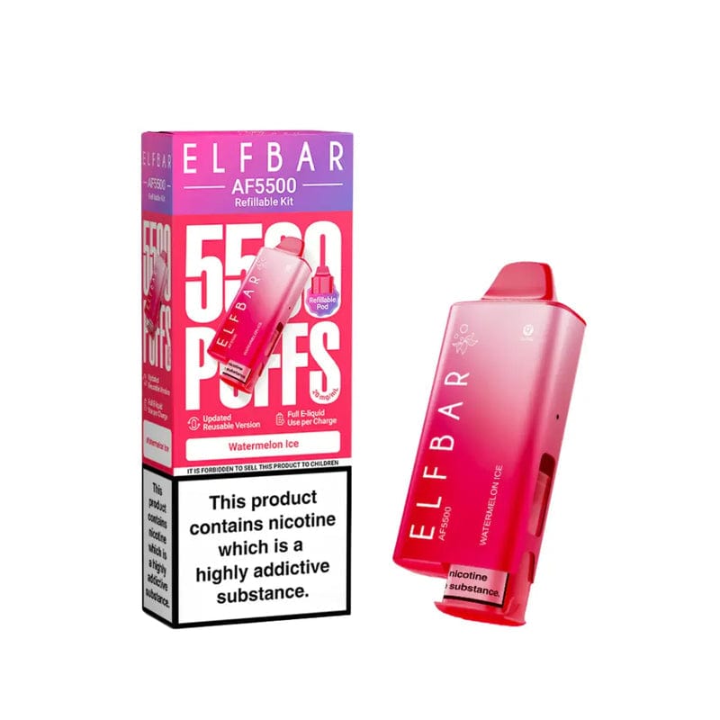 Three ELF BAR AF 5500 Prefilled Pod Kits in red, yellow, and green on a white background with promotional text.