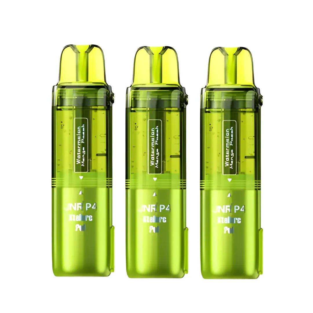 Three colorful jnr p4 vape refill pods with pricing and quantity discounts displayed on a white background.