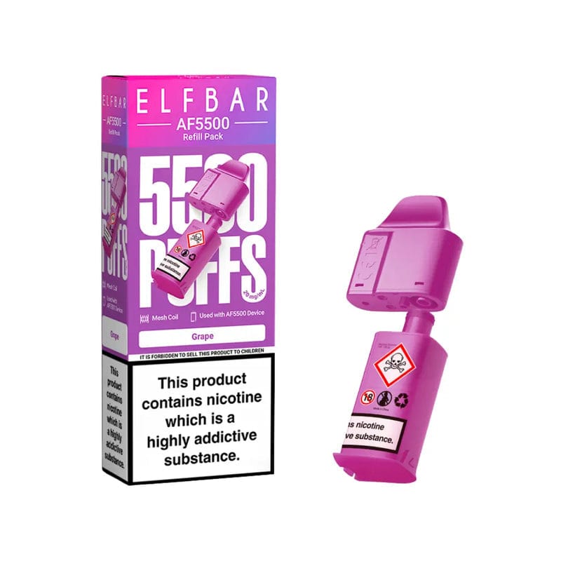 Three ELF BAR AF 5500 Replacement Pods in different flavors with promotional text on a white background.