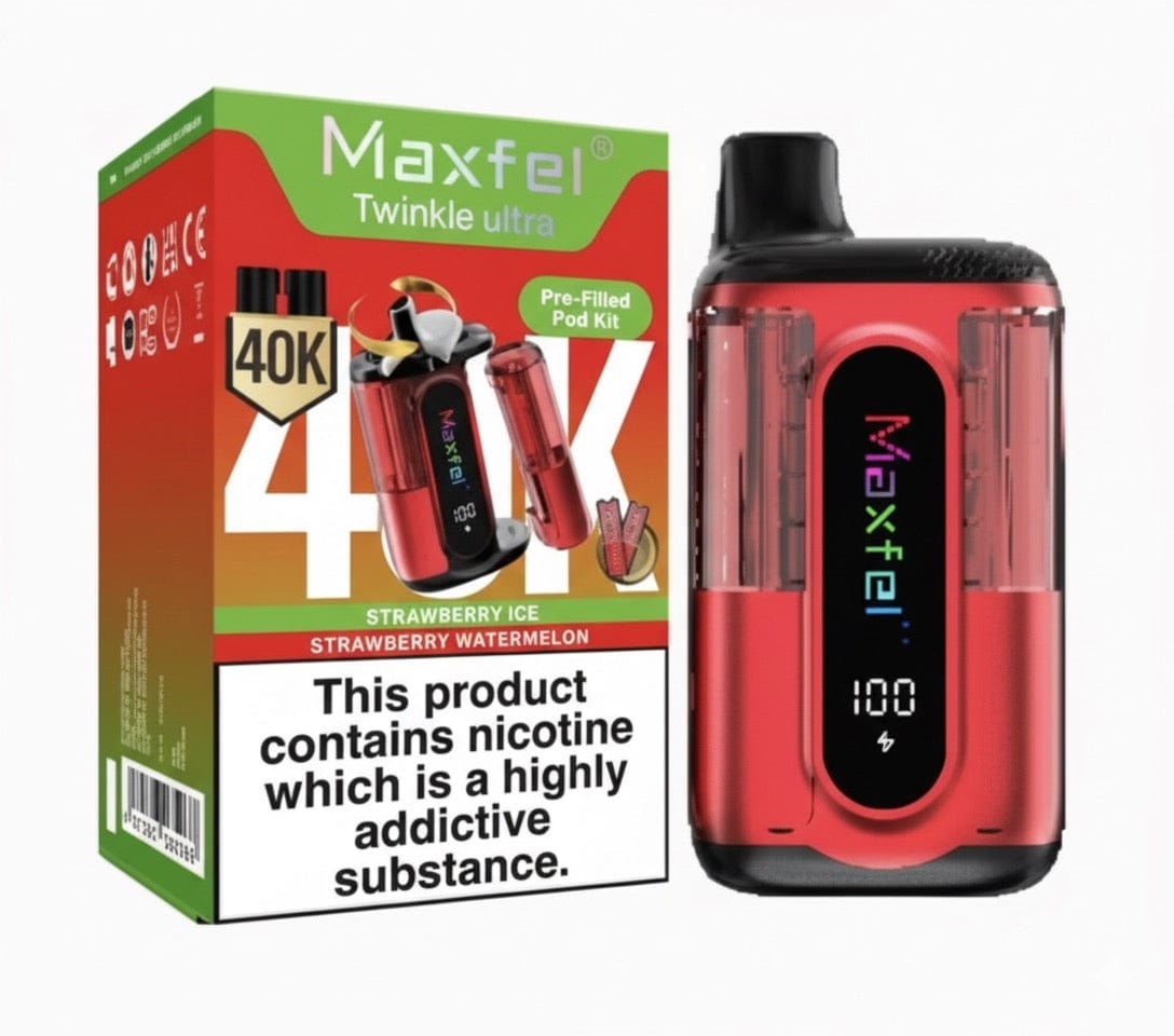 Three red Maxfel Ultra Twinkle Prefilled Pod Kits on a white background with promotional text.