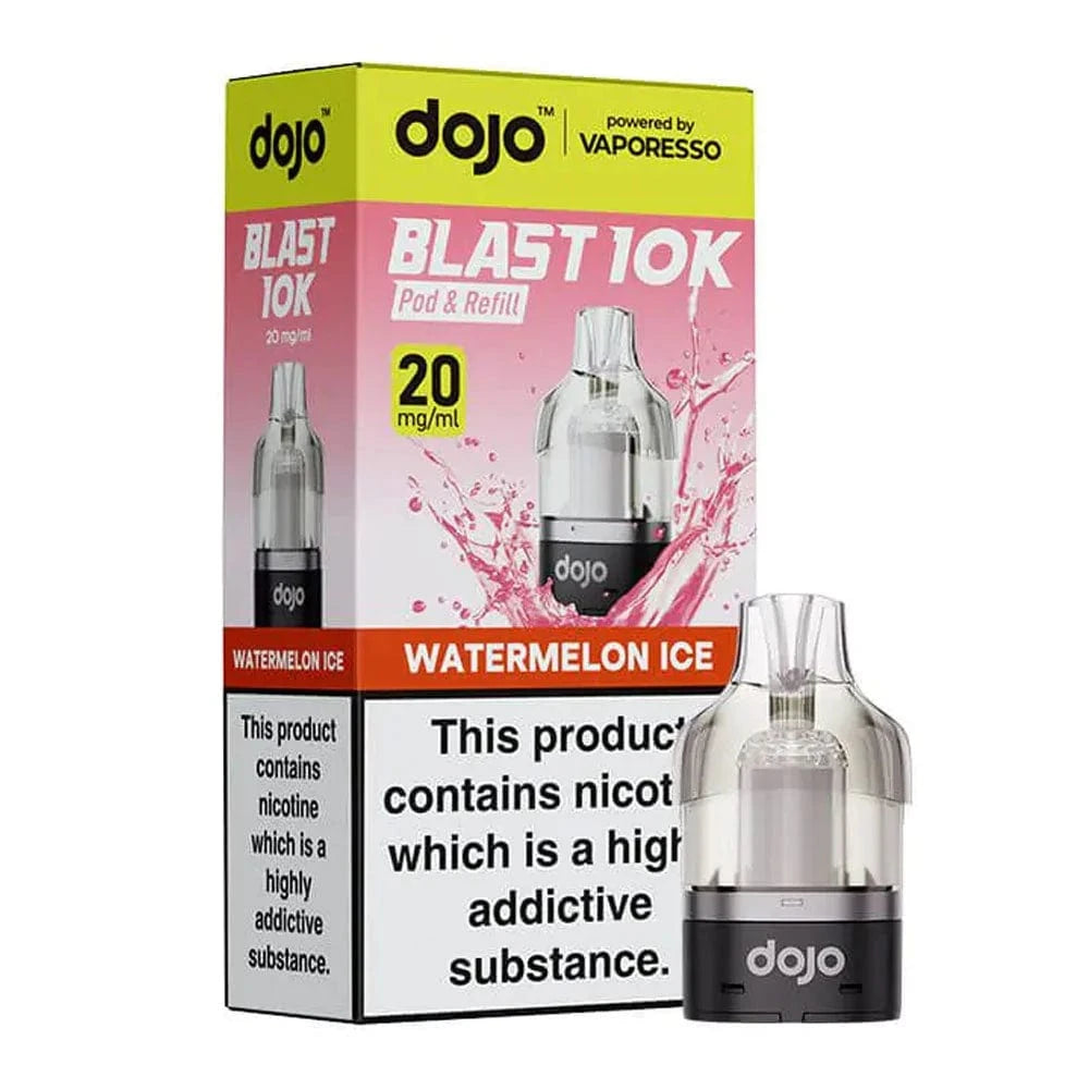 Two boxes of ' Dojo Blast 10K' vape pods with 'dojo' branding and product details on a white background.