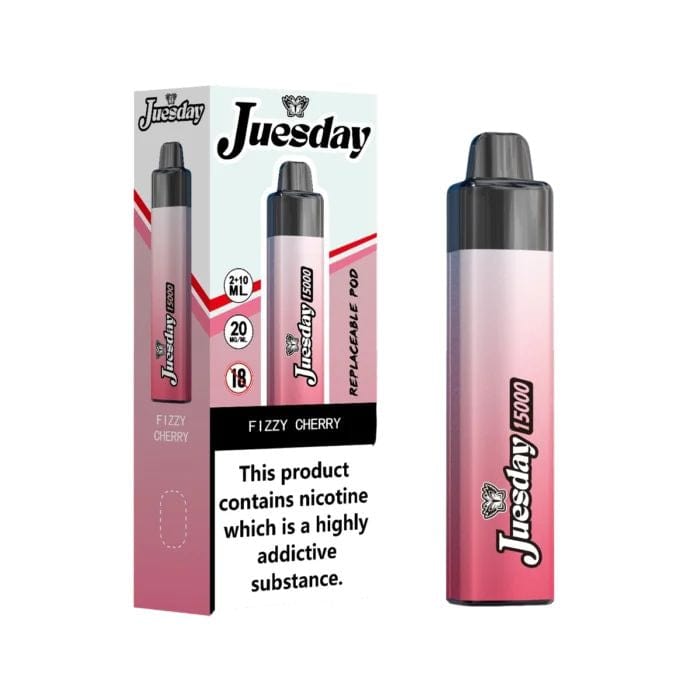 Three colorful vape devices with 'Juesday 15000' branding on a white background, promotional text displayed.