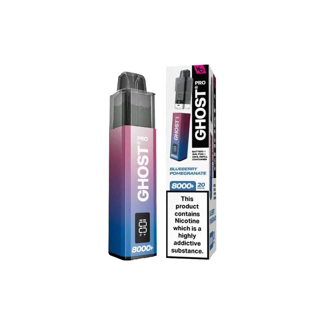 Three gradient-colored vape devices with 'Ghost Pro 8000' branding on a white background, promotional text about price and quantity.