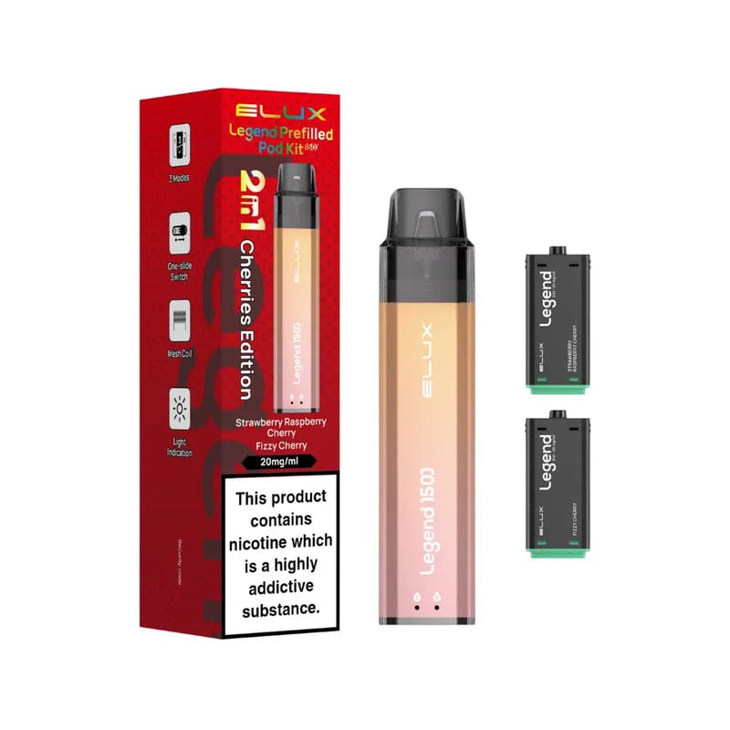 Three Elux Legend 1500 vape devices with promotional text on a white background