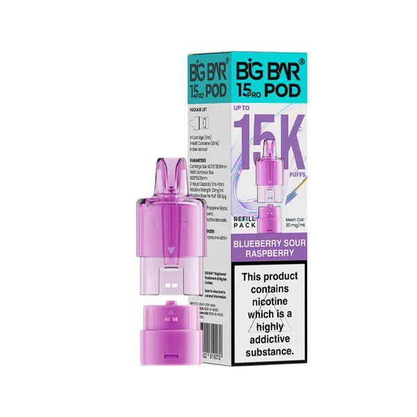 Big Bar Pro 15k Replacement Prefilled Pods with packaging and promotional text on a white background