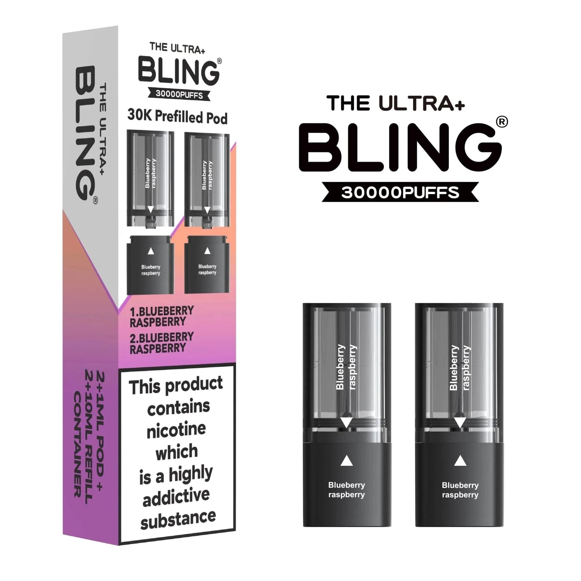 Three boxes of BLING ultra 30k vape pods with promotional text on a white background
