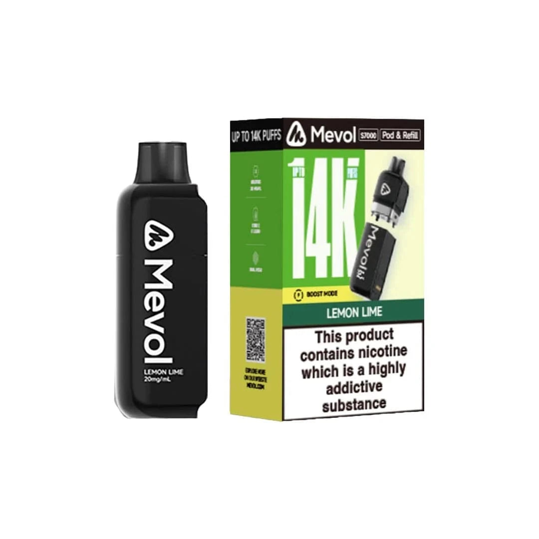 Four Mevol S7000 Refill Pods boxes in different flavors with promotional text on a white background.