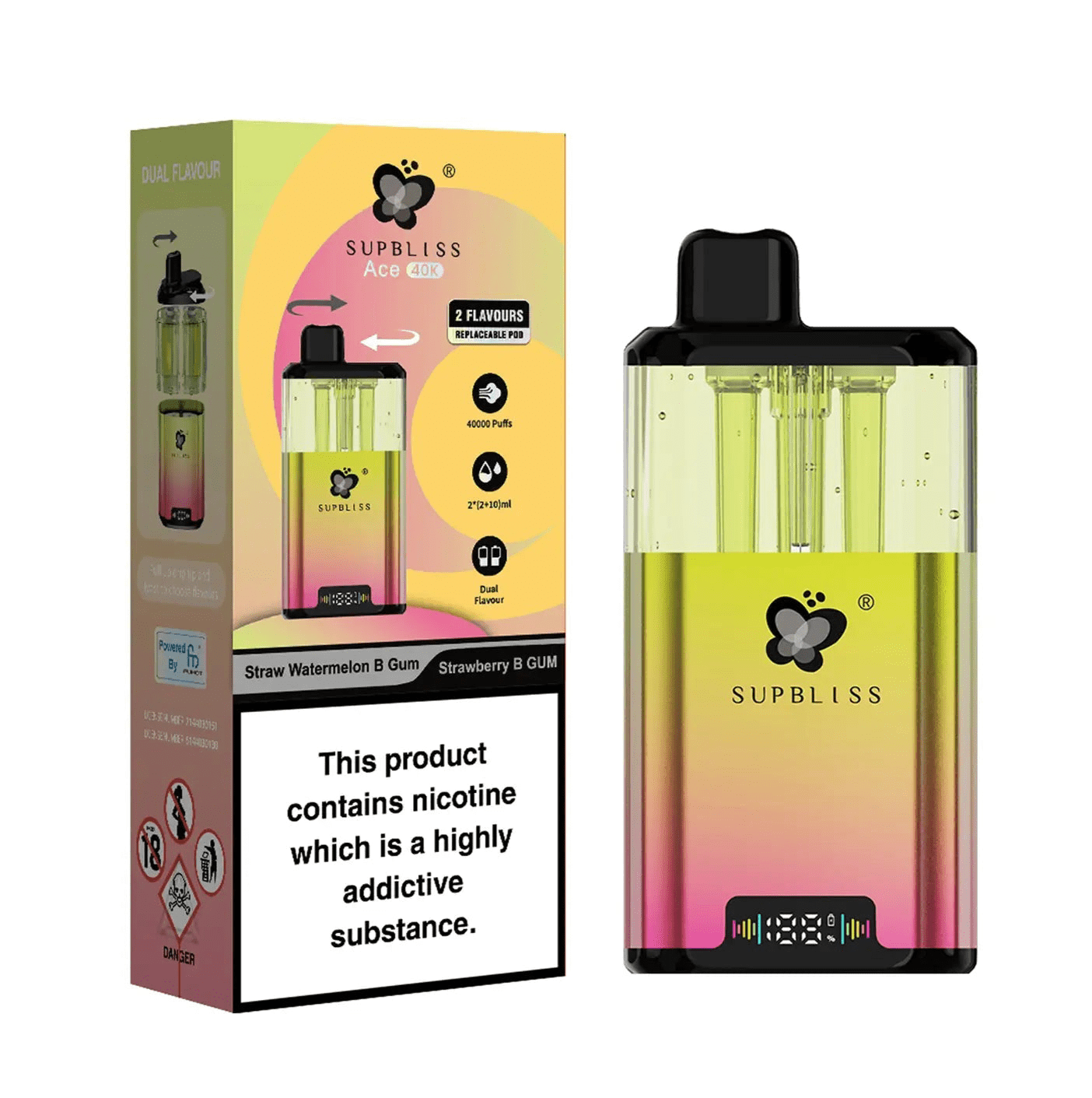 Three Supbliss Ace 40k vape devices with a promotional text about price and quantity on a white background.