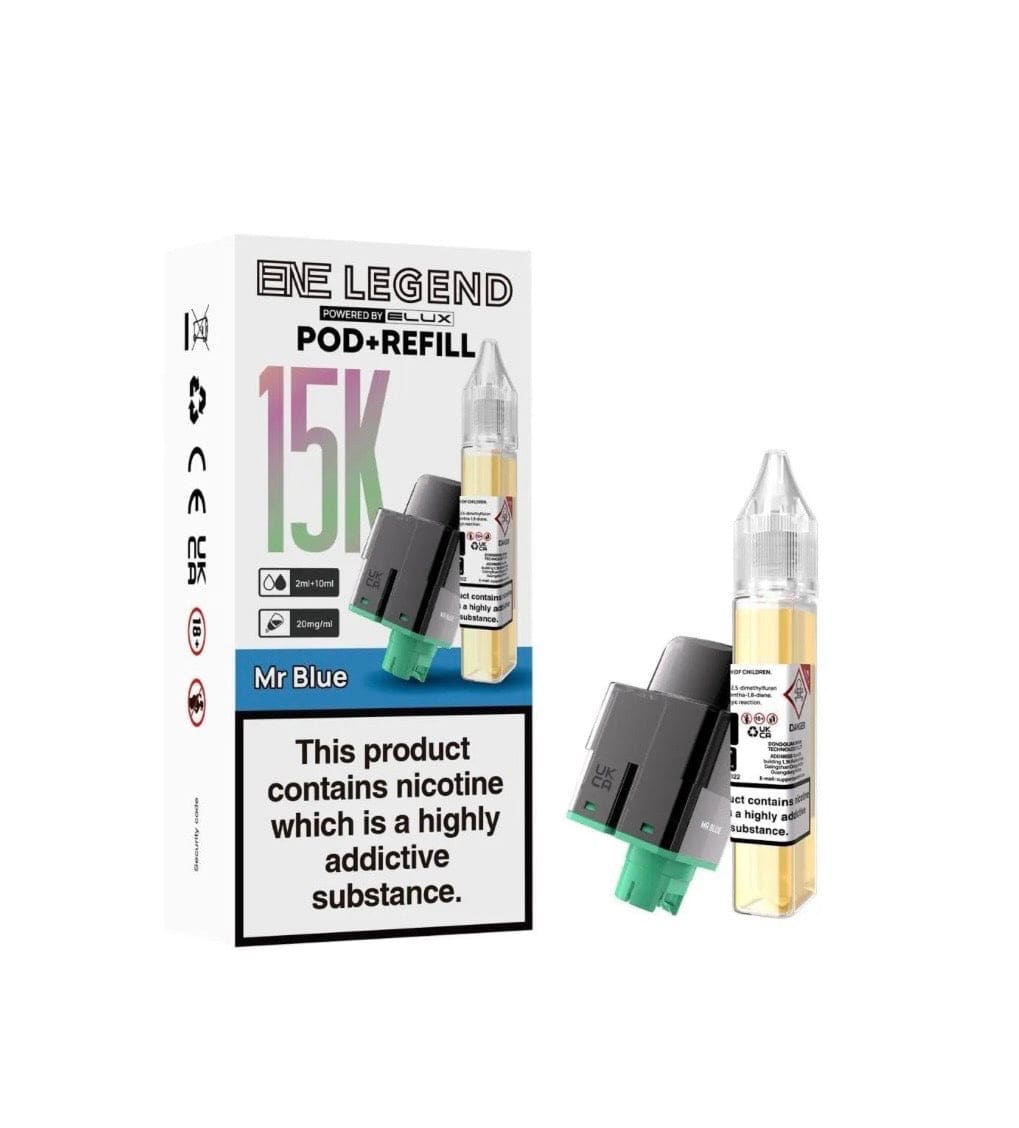 Elux Ene Legend 15k Refill Pods  packaging with promotional text on a white background