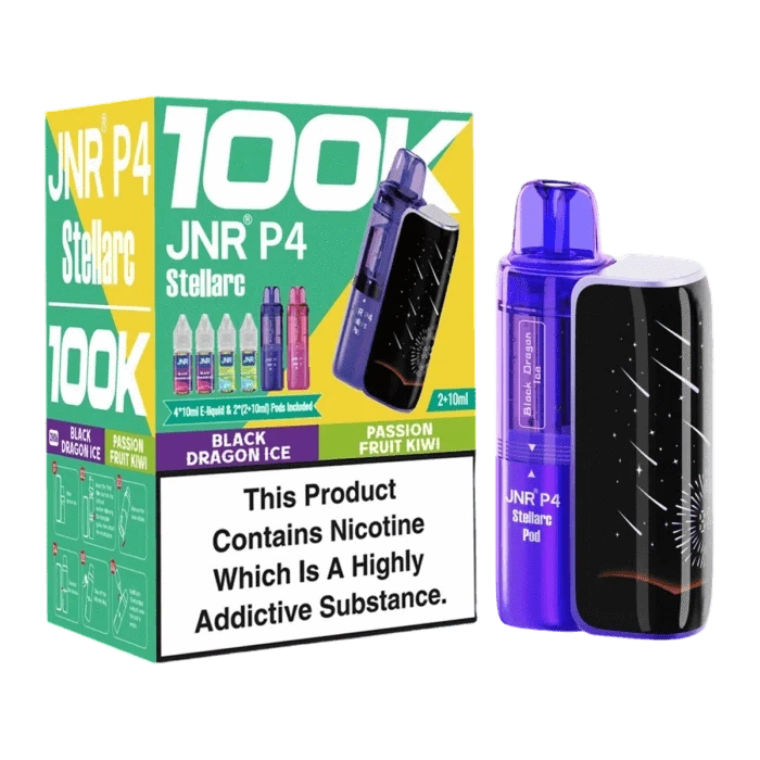 Four colorful JNR P4 vape devices with pricing and quantity discounts displayed above them.
