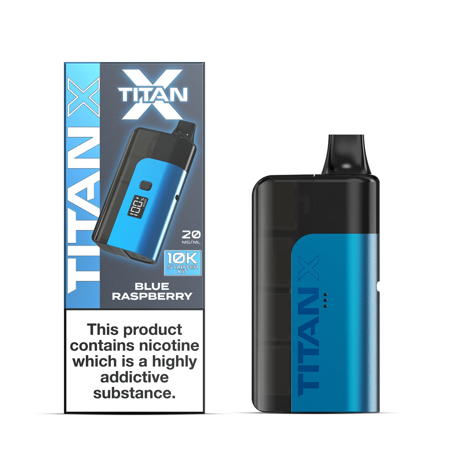 Three Titan X 10K Prefilled Pod Kit in blue, gold, and red on a white background with promotional text.
