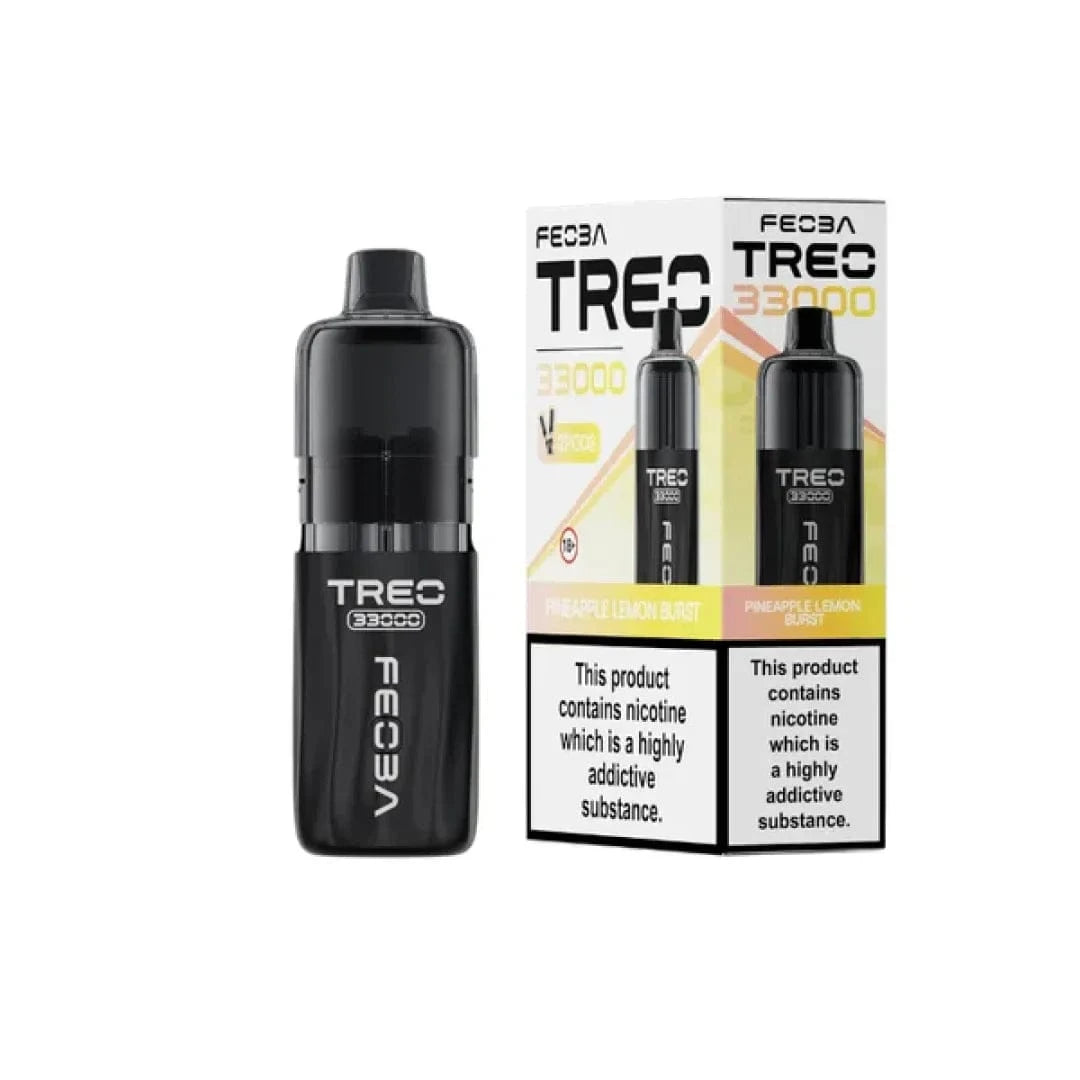 Three FEOBA TREO vape devices in different colors with promotional text on a white background.