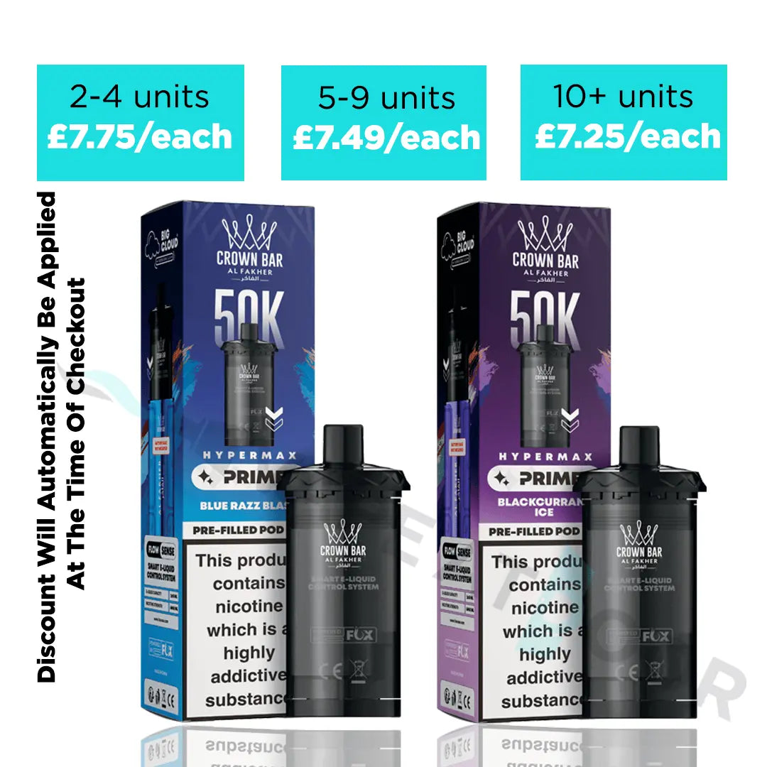 Two Al fakher hypermax prime replacement prefilled pods with packaging on a white background with multibuy deal offers.