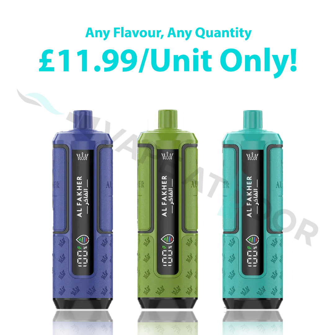 Three Al Fakher Hypermax 30k vape devices in blue, green, and purple on a white background with promotional text.