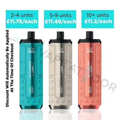 Three Al Fakher Hypermax Prime 50k vape devices with pricing and quantity discounts displayed on a white background.