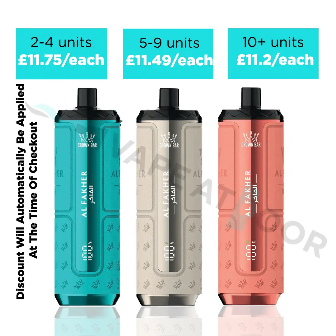 Three Al Fakher Hypermax Prime 50k vape devices with pricing and quantity discounts displayed on a white background.