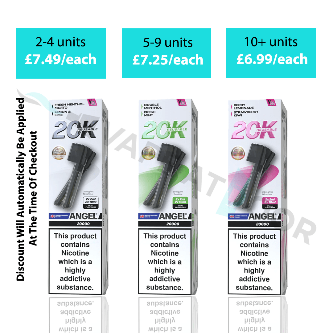 Packaging of Angel 20k Prefilled Replacement Pods with pricing and discount information on a white background.