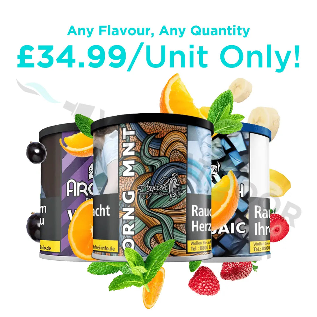 Three Argileh Shisha Flavours with colorful packaging and fruit graphics on a white background, promoting 'Any Flavour, Any Quantity' at £34.99 per unit.