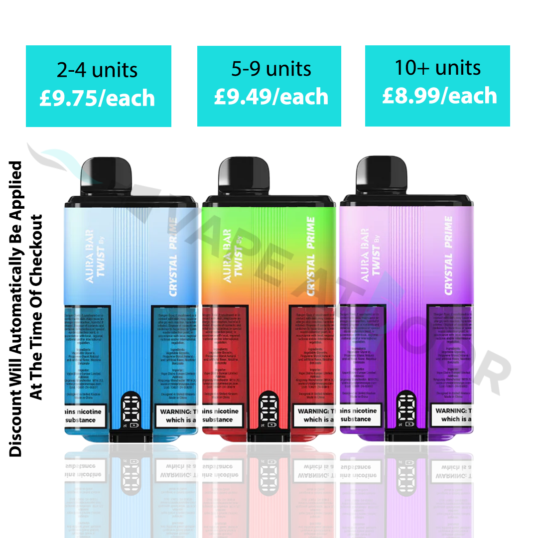 Product advertisement for "Crystal Prime Aura Bar Twist 25000" vapes showing multi-buy pricing tiers: 2–4 units for £9.75 each, 5–9 units for £9.49 each, and 10+ units for £8.99 each. Three wide, gradient-colored vape devices (blue, green/orange, and purple/pink) are displayed below the pricing, each featuring detailed text panels, warning labels, and a digital display screen at the bottom. Text on the far left notes that discounts are automatically applied at checkout.