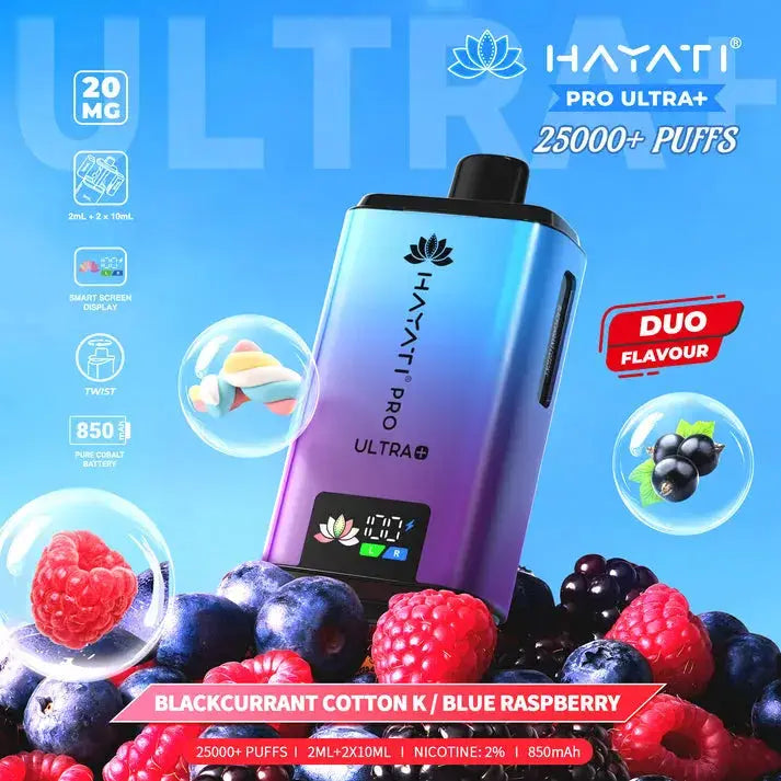 Hayati Pro Ultra Plus 25000 Blackcurrant Cotton Candy &amp; Blue Raspberry Kit with sweet candy clouds and tart berries.
