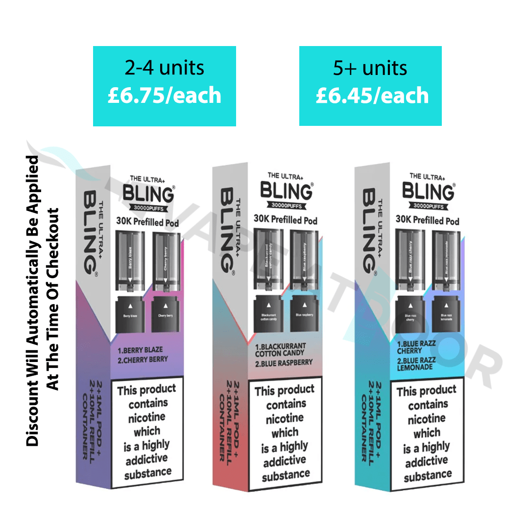 Bling Ultra Plus 30K Prefilled Replacement Pods packaging with pricing and discount information on a white background