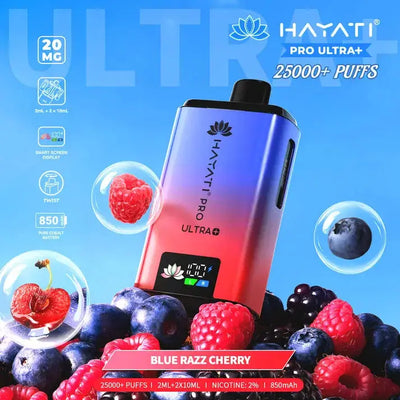 Hayati Pro Ultra Plus 25000 Blue Razz Cherry Prefilled Pod Kit with electric blue raspberries and juicy red cherries.