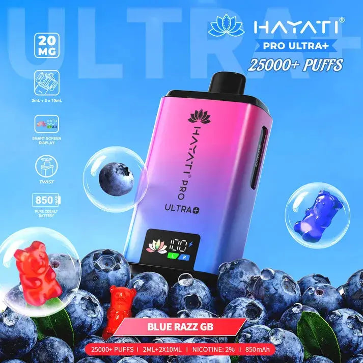 Hayati Pro Ultra Plus 25000 Blue Razz Gummy Bear Kit with sweet blue raspberry candy and gummy bear visuals.
