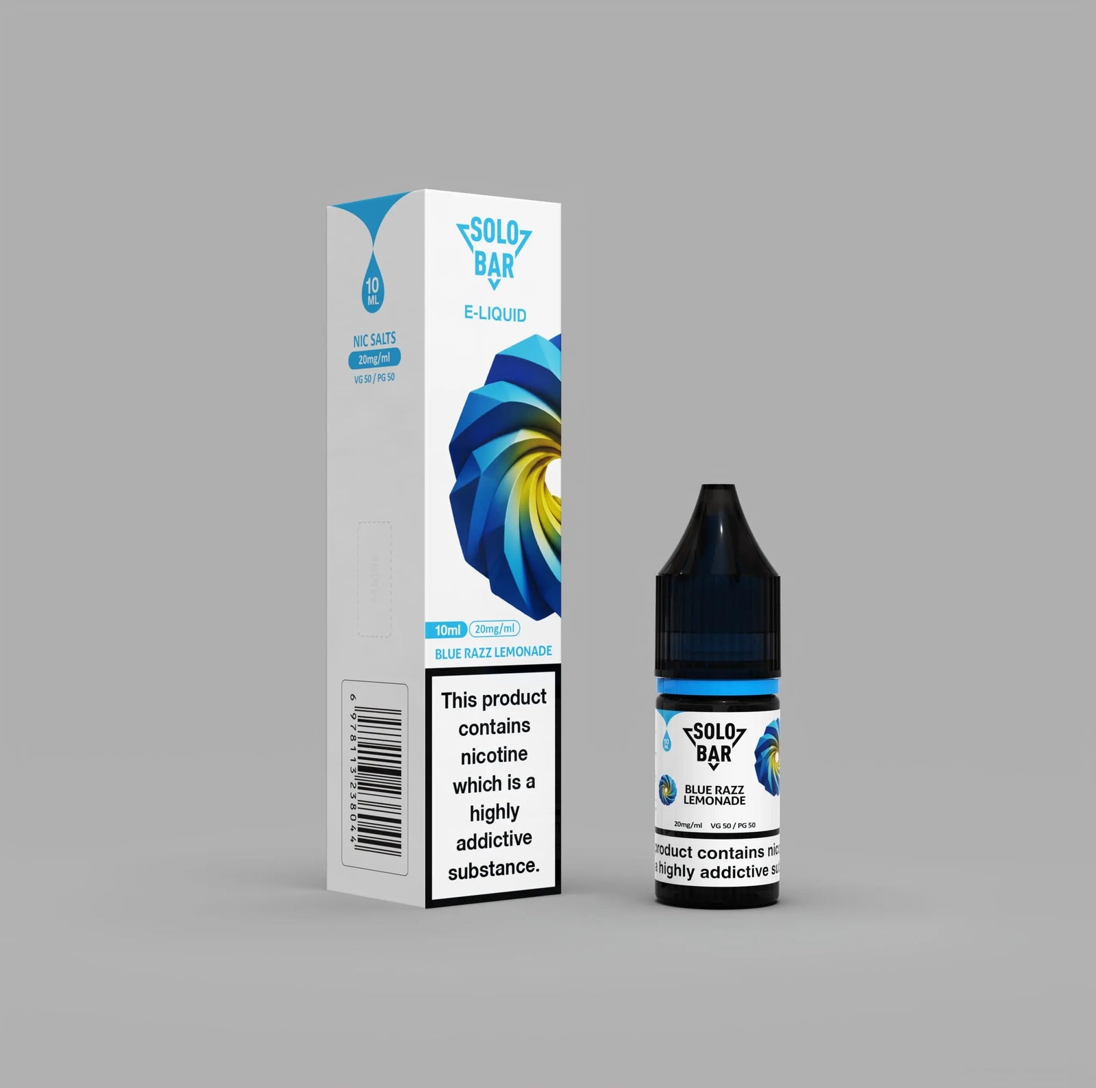 Three vape juice bottles of solobar e-liquids with different flavors and pricing information on a white background.