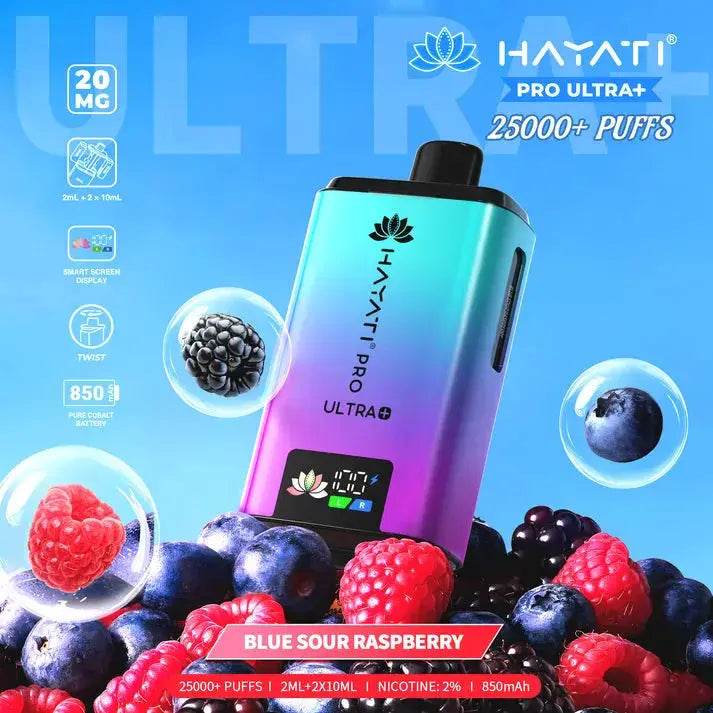 Hayati Pro Ultra Plus 25000 Blue Sour Raspberry Kit with tangy blue raspberries and a sour candy coating.